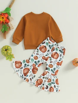 Adorabil Copil Costum de Halloween Set cu Dovleac Imprimare Tricou și Pantaloni Flare - Fetita Perfect Tinuta pentru