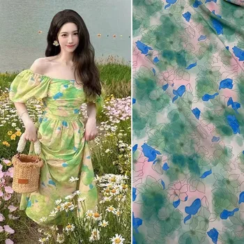 Europa Și America de Moda Albastru/Verde Flori Imprimate Poliester Tesatura Crep Pentru Femei Bluza Rochie Handmade, DIY Pânză de Cusut