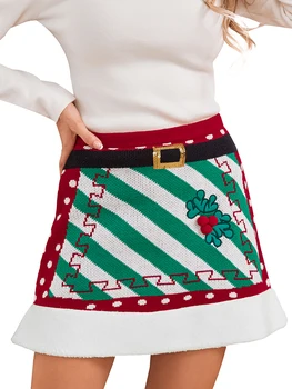 Femeile s Fuste de Crăciun Mini Centura de Imprimare Talie Mare Mozaic Tricot O-linie Cădea Petrecere Ambalate Hip Fuste Streetwear