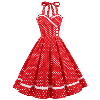 Vintage mozaic polka dot imprimare pin-up party rochii de Vara buton fara spate fără mâneci curea fara bretele halter slim rochie midi